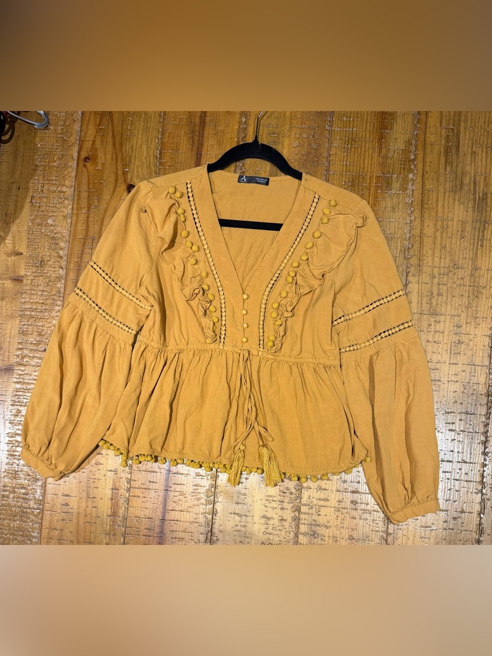 a new day Mustard Boho Peasant Tunic Top with Pom Trim